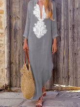 Plus Size Cotton Linen Long Sleeve Solid Loose V Neck Boho Long Dress Casual Dress Maxi Dress For Woman